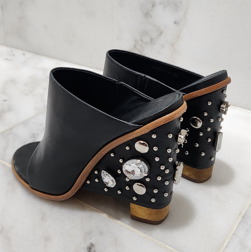 Tibi Britt Mules Black Leather Jeweled Studded Wedge 38 Open Toe - Picture 16 of 16